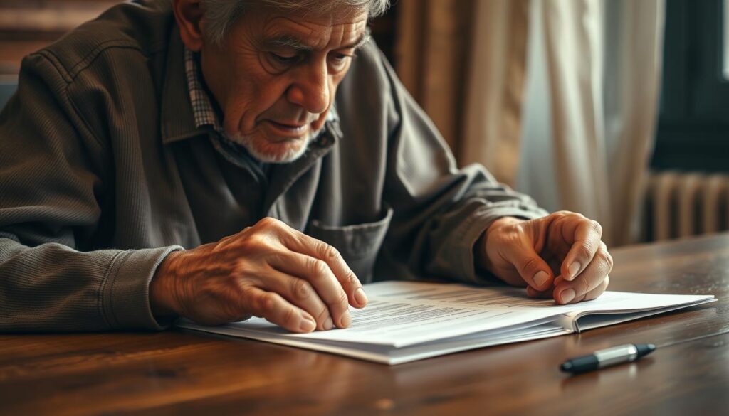 Ältere Person mit Dokumenten zur Einbürgerung, symbolisch für die Gastarbeitergeneration Ältere Person mit Dokumenten zur Einbürgerung, symbolisch für die Gastarbeitergeneration