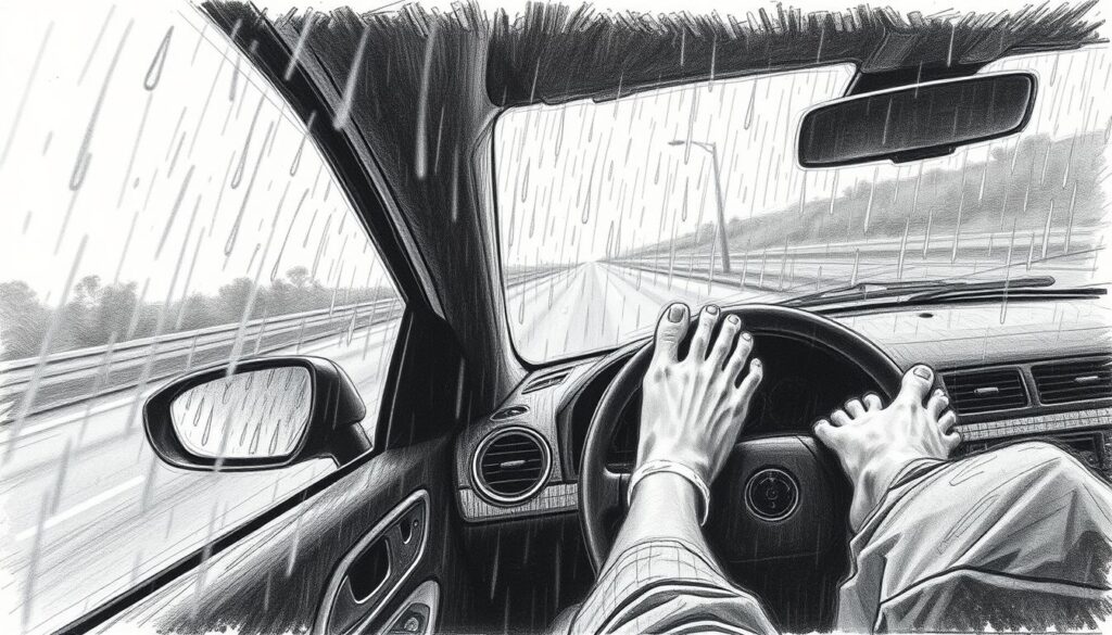Barfuß Auto fahren bei Regen