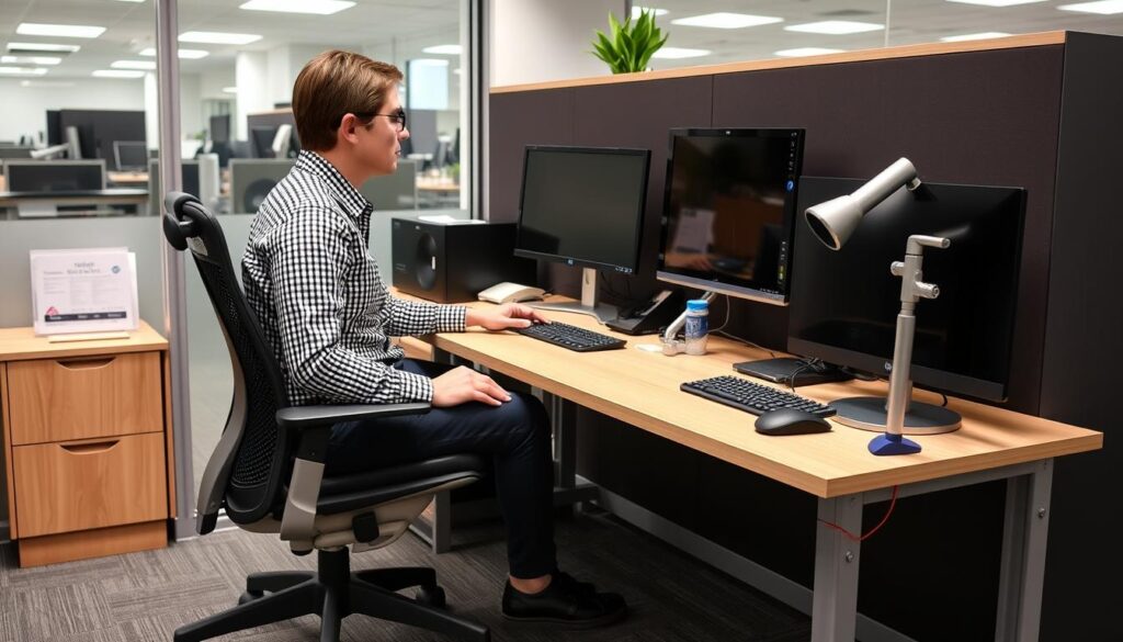 Barrierefreier Arbeitsplatz mit ergonomischen Anpassungen für Menschen mit Behinderung Barrierefreier Arbeitsplatz mit ergonomischen Anpassungen für Menschen mit Behinderung