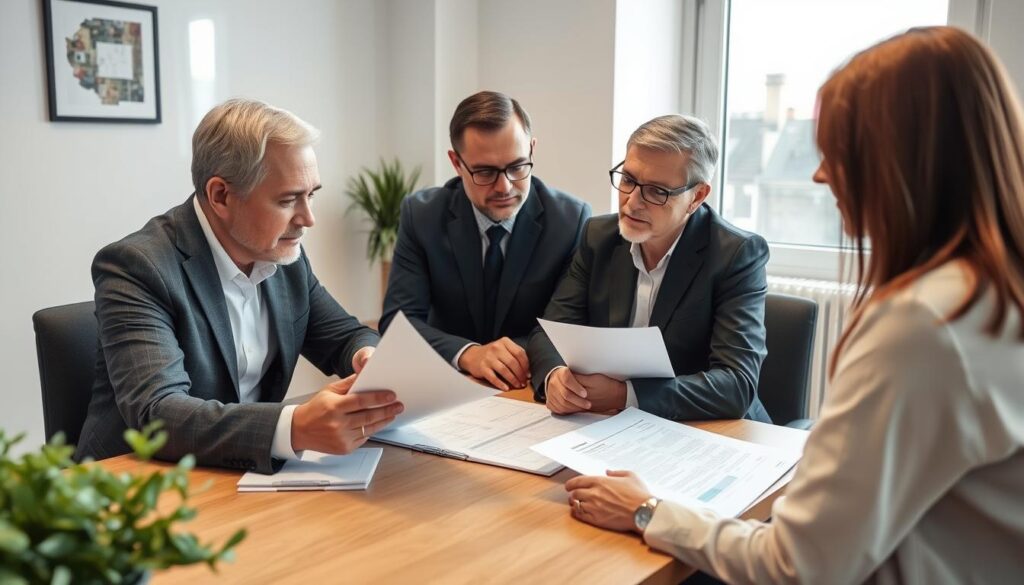 Beratungsgespräch zwischen Makler und Kunden mit Fokus auf Vertragsunterlagen und Checklisten Beratungsgespräch zwischen Makler und Kunden mit Fokus auf Vertragsunterlagen und Checklisten