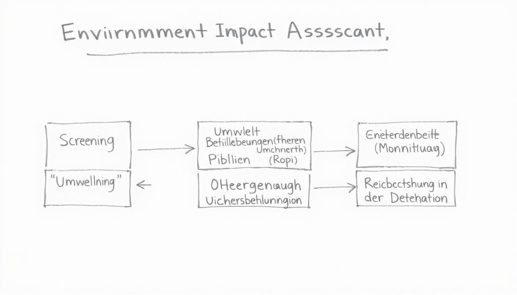 Bleistiftskizze: Ablaufdiagramm einer Umweltverträglichkeitsprüfung mit Schritten wie Screening, Scoping, Umweltbericht, Beteiligung und Berücksichtigung Bleistiftskizze: Ablaufdiagramm einer Umweltverträglichkeitsprüfung mit Schritten wie Screening, Scoping, Umweltbericht, Beteiligung und Berücksichtigung
