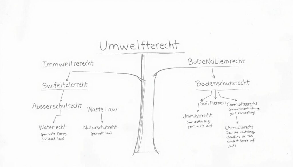 Bleistiftskizze: Baumdiagramm der Teilbereiche des Umweltrechts mit Hauptzweigen wie Immissionsschutzrecht, Wasserrecht, Abfallrecht, Naturschutzrecht und weiteren Spezialgebieten Bleistiftskizze: Baumdiagramm der Teilbereiche des Umweltrechts mit Hauptzweigen wie Immissionsschutzrecht, Wasserrecht, Abfallrecht, Naturschutzrecht und weiteren Spezialgebieten