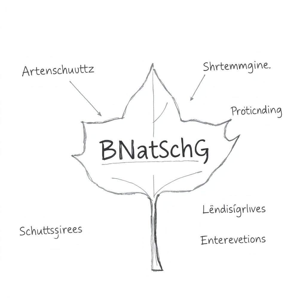 Bleistiftskizze: Blatt mit BNatSchG-Beschriftung und Konzepten wie Artenschutz und Schutzgebiete Bleistiftskizze: Blatt mit BNatSchG-Beschriftung und Konzepten wie Artenschutz und Schutzgebiete