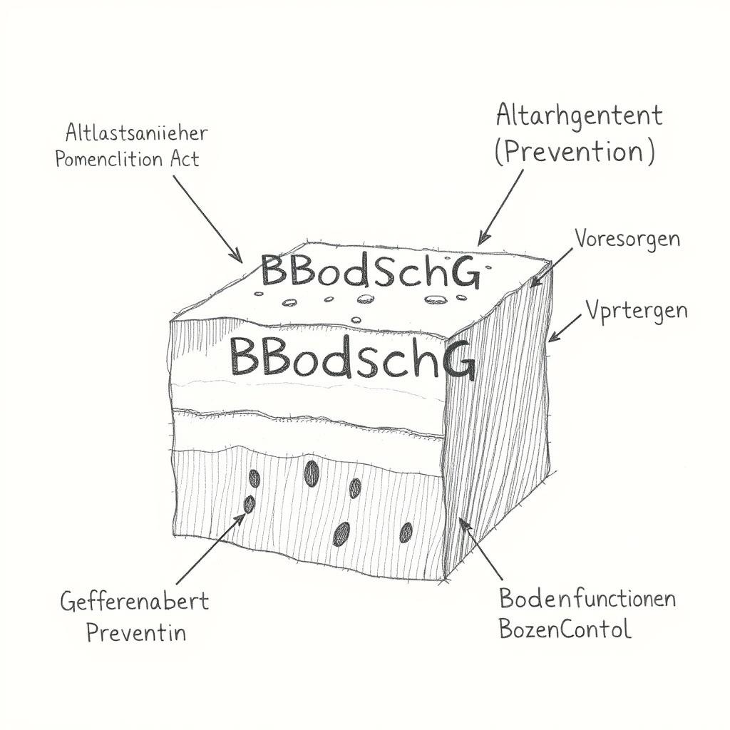 Bleistiftskizze: Bodenprofil mit BBodSchG-Beschriftung und Konzepten wie Altlastensanierung und Vorsorge Bleistiftskizze: Bodenprofil mit BBodSchG-Beschriftung und Konzepten wie Altlastensanierung und Vorsorge