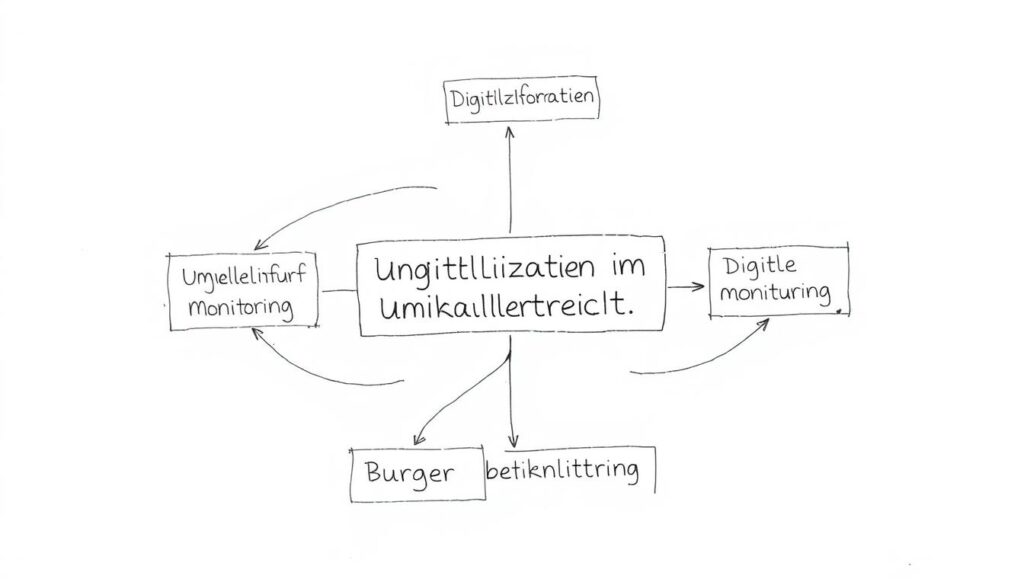 Bleistiftskizze: Digitalisierung im Umweltrecht mit Elementen wie Umweltinformationssystemen, digitalen Genehmigungsverfahren und Umweltmonitoring Bleistiftskizze: Digitalisierung im Umweltrecht mit Elementen wie Umweltinformationssystemen, digitalen Genehmigungsverfahren und Umweltmonitoring