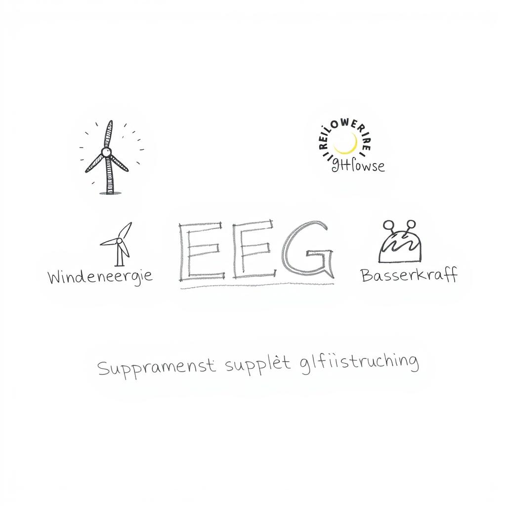 Bleistiftskizze: EEG mit Darstellung verschiedener erneuerbarer Energiequellen und Förderinstrumenten Bleistiftskizze: EEG mit Darstellung verschiedener erneuerbarer Energiequellen und Förderinstrumenten