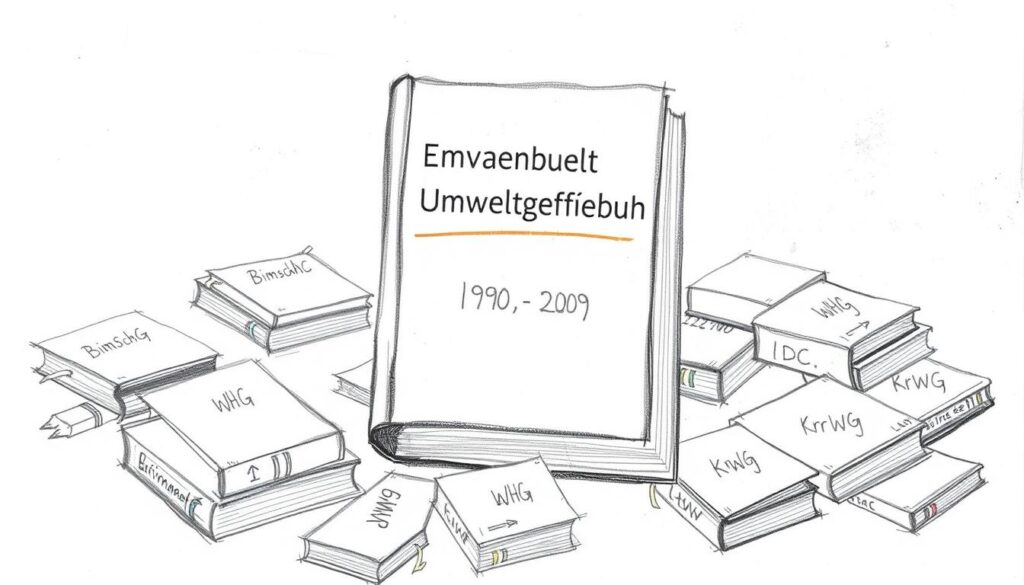 Bleistiftskizze: Gescheitertes Umweltgesetzbuch mit durchgestrichenen Entwürfen von 1990 und 2009 und stattdessen bestehende Einzelgesetze Bleistiftskizze: Gescheitertes Umweltgesetzbuch mit durchgestrichenen Entwürfen von 1990 und 2009 und stattdessen bestehende Einzelgesetze
