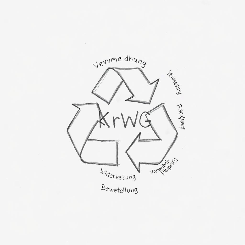 Bleistiftskizze: Kreislaufsymbol mit KrWG-Beschriftung und Hierarchie der Abfallbehandlung Bleistiftskizze: Kreislaufsymbol mit KrWG-Beschriftung und Hierarchie der Abfallbehandlung