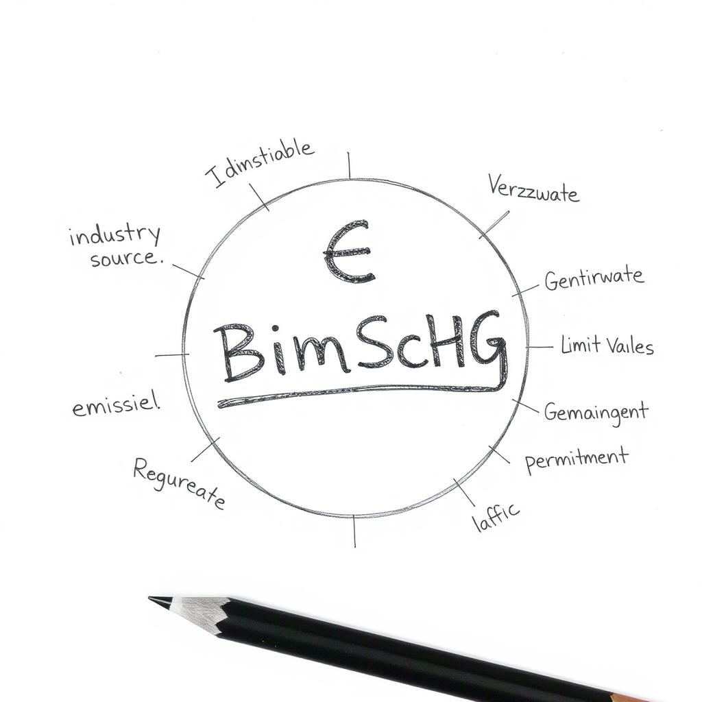 Bleistiftskizze: Paragrafensymbol mit BImSchG und Darstellung von Emissionsquellen und Schutzmaßnahmen Bleistiftskizze: Paragrafensymbol mit BImSchG und Darstellung von Emissionsquellen und Schutzmaßnahmen