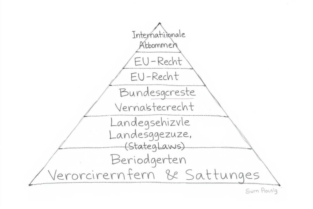 Bleistiftskizze: Pyramide der Rechtsquellen des Umweltrechts mit internationalen Abkommen an der Spitze, gefolgt von EU-Recht, nationalem Verfassungsrecht, Bundesgesetzen und Landesgesetzen Bleistiftskizze: Pyramide der Rechtsquellen des Umweltrechts mit internationalen Abkommen an der Spitze, gefolgt von EU-Recht, nationalem Verfassungsrecht, Bundesgesetzen und Landesgesetzen