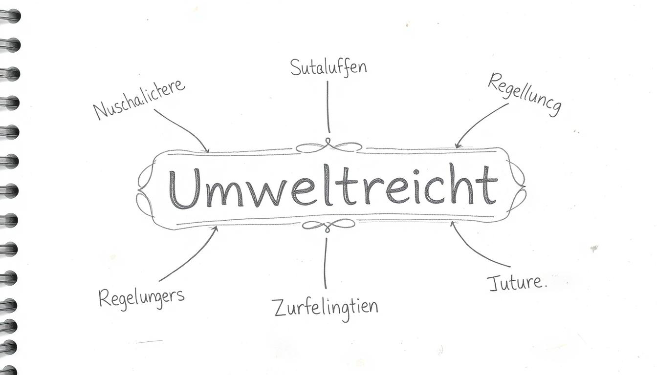 Bleistiftskizze: Textgrafik mit dem Wort 'Umweltrecht' im Zentrum, umgeben von Begriffen wie 'Nachhaltigkeit', 'Schutz', 'Regelungen' und 'Zukunft'