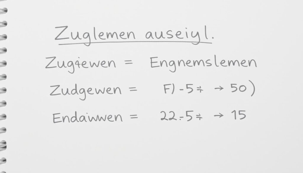 Bleistiftskizze: Textliche Darstellung der Berechnung des Zugewinnausgleichs mit Formeln für Anfangs- und Endvermögen Bleistiftskizze: Textliche Darstellung der Berechnung des Zugewinnausgleichs mit Formeln für Anfangs- und Endvermögen