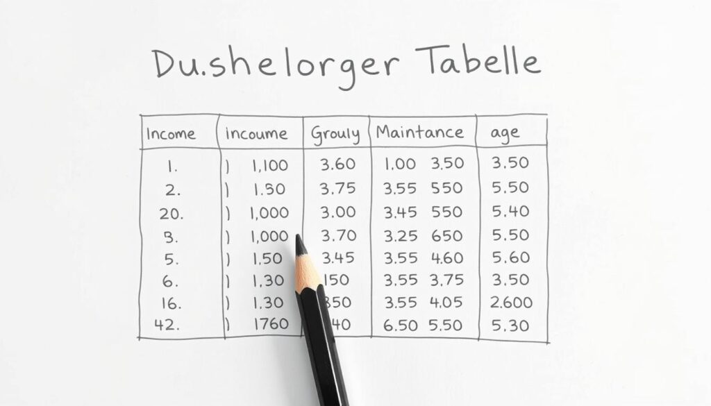 Bleistiftskizze: Textliche Darstellung der Düsseldorfer Tabelle mit Einkommensgruppen und Unterhaltsbeträgen Bleistiftskizze: Textliche Darstellung der Düsseldorfer Tabelle mit Einkommensgruppen und Unterhaltsbeträgen