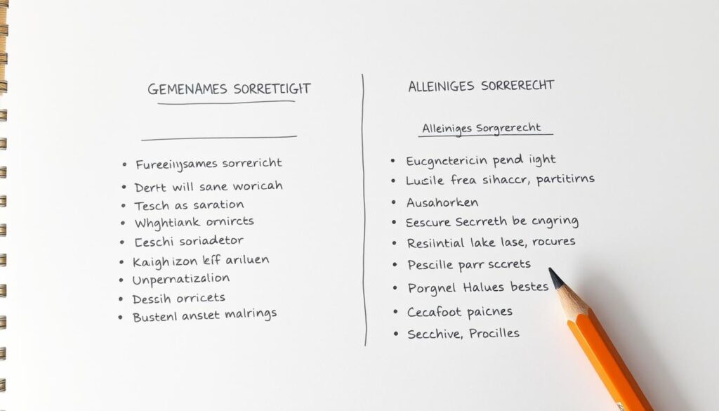 Bleistiftskizze: Textliche Darstellung der Unterschiede zwischen gemeinsamem und alleinigem Sorgerecht mit ihren jeweiligen Merkmalen Bleistiftskizze: Textliche Darstellung der Unterschiede zwischen gemeinsamem und alleinigem Sorgerecht mit ihren jeweiligen Merkmalen