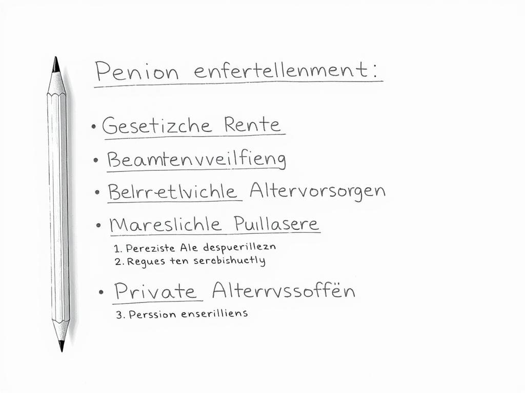 Bleistiftskizze: Textliche Darstellung der verschiedenen Versorgungsarten im Versorgungsausgleich wie gesetzliche Rente, Beamtenversorgung und betriebliche Altersvorsorge Bleistiftskizze: Textliche Darstellung der verschiedenen Versorgungsarten im Versorgungsausgleich wie gesetzliche Rente, Beamtenversorgung und betriebliche Altersvorsorge