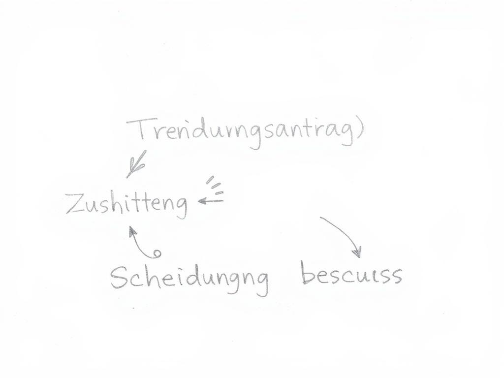 Bleistiftskizze: Textliche Darstellung des Ablaufs eines Scheidungsverfahrens mit den Schritten Trennung, Scheidungsantrag, Zustellung, Verfahren und Scheidungsbeschluss Bleistiftskizze: Textliche Darstellung des Ablaufs eines Scheidungsverfahrens mit den Schritten Trennung, Scheidungsantrag, Zustellung, Verfahren und Scheidungsbeschluss