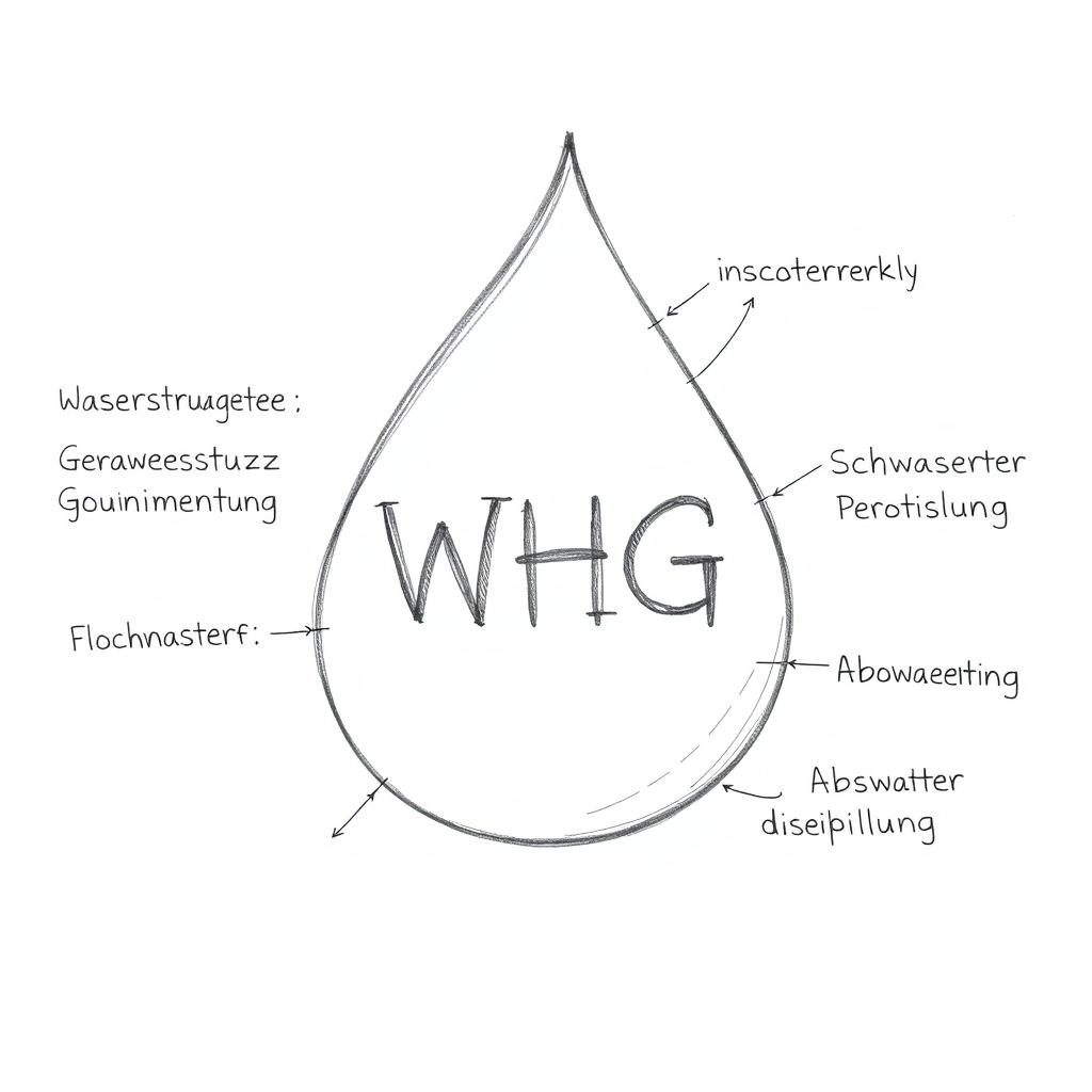 Bleistiftskizze: Wassertropfen mit WHG-Beschriftung und Konzepten wie Wasserschutzgebiete und Gewässerbewirtschaftung Bleistiftskizze: Wassertropfen mit WHG-Beschriftung und Konzepten wie Wasserschutzgebiete und Gewässerbewirtschaftung