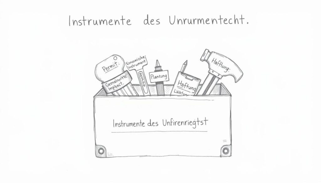 Bleistiftskizze: Werkzeugkasten mit verschiedenen Instrumenten des Umweltrechts wie Genehmigungen, Grenzwerten, Umweltverträglichkeitsprüfung und ökonomischen Instrumenten Bleistiftskizze: Werkzeugkasten mit verschiedenen Instrumenten des Umweltrechts wie Genehmigungen, Grenzwerten, Umweltverträglichkeitsprüfung und ökonomischen Instrumenten