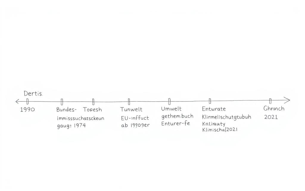 Bleistiftskizze: Zeitleiste der Entwicklung des Umweltrechts von 1970 bis heute mit wichtigen Meilensteinen wie dem Bundes-Immissionsschutzgesetz und dem Umweltgesetzbuch Bleistiftskizze: Zeitleiste der Entwicklung des Umweltrechts von 1970 bis heute mit wichtigen Meilensteinen wie dem Bundes-Immissionsschutzgesetz und dem Umweltgesetzbuch