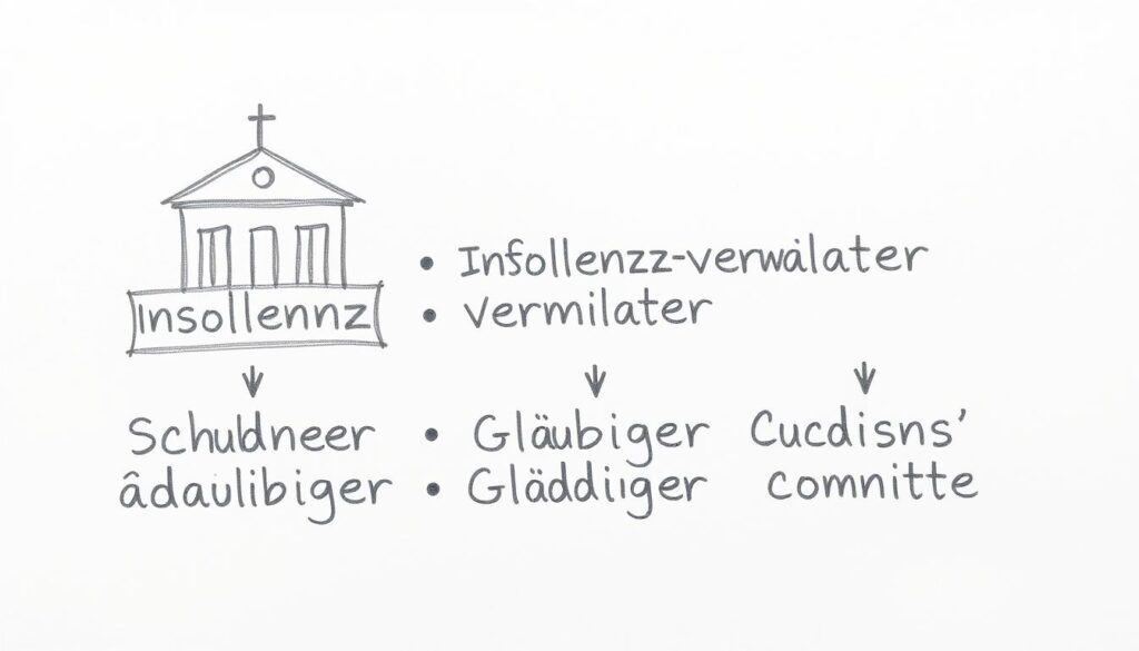 Bleistiftskizze der Hauptakteure im Insolvenzverfahren Bleistiftskizze der Hauptakteure im Insolvenzverfahren