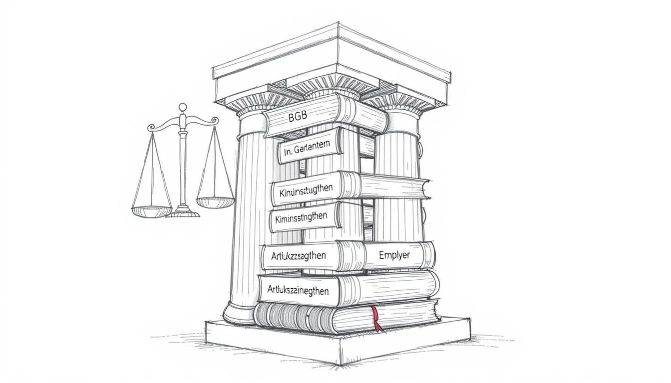 Bleistiftskizze der Säulen des Arbeitsrechts mit verschiedenen Gesetzesbüchern und Paragraphen
