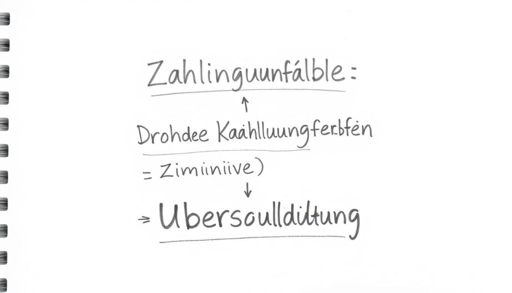 Bleistiftskizze der drei Insolvenzgründe: Zahlungsunfähigkeit, drohende Zahlungsunfähigkeit und Überschuldung Bleistiftskizze der drei Insolvenzgründe: Zahlungsunfähigkeit, drohende Zahlungsunfähigkeit und Überschuldung