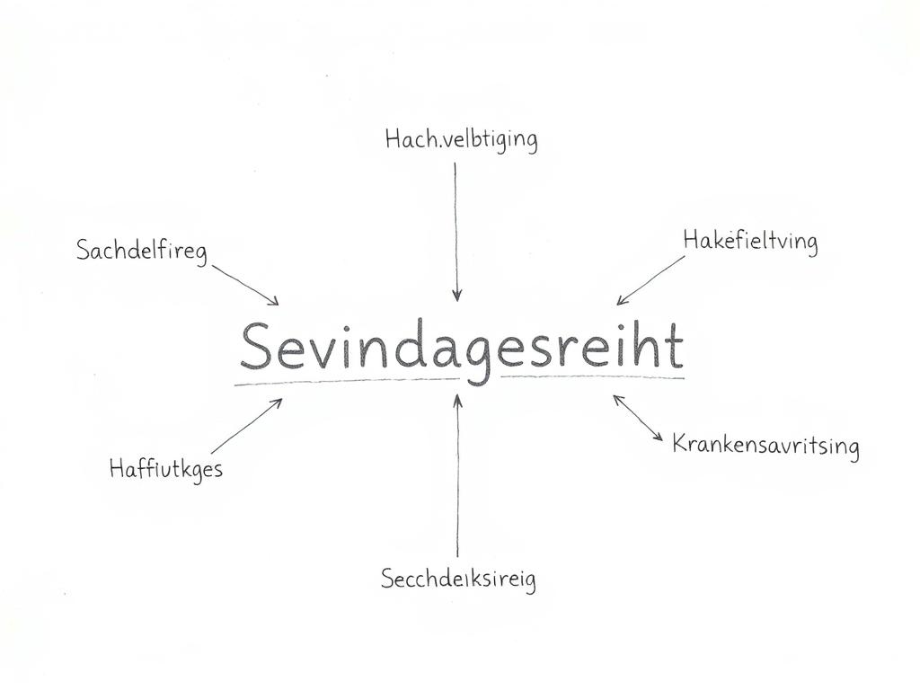 Bleistiftskizze der verschiedenen Versicherungssparten mit Verbindungslinien zum Versicherungsrecht Bleistiftskizze der verschiedenen Versicherungssparten mit Verbindungslinien zum Versicherungsrecht