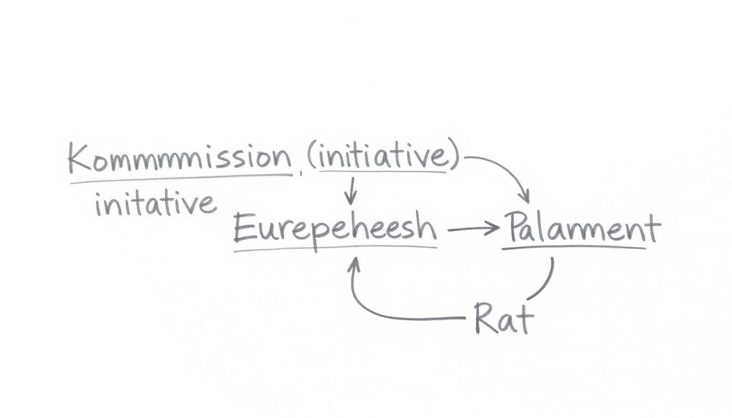 Bleistiftskizze des EU-Gesetzgebungsverfahrens mit Kommission, Parlament und Rat