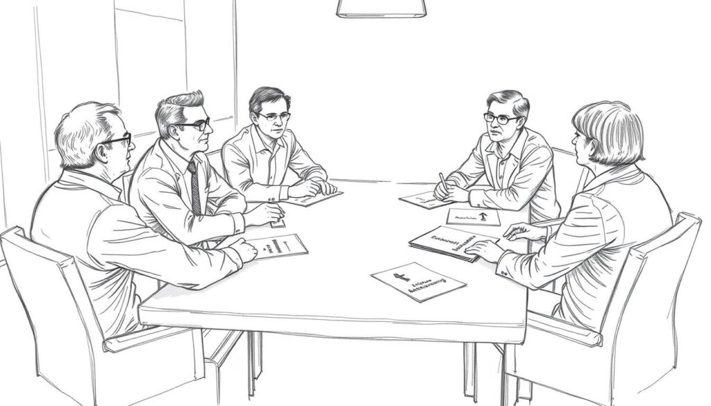 Bleistiftskizze einer Betriebsratssitzung mit Arbeitgeber- und Arbeitnehmervertretern Bleistiftskizze einer Betriebsratssitzung mit Arbeitgeber- und Arbeitnehmervertretern