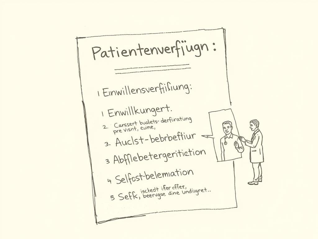 Bleistiftskizze einer Patientenverfügung mit den Begriffen 'Einwilligung', 'Aufklärung' und 'Selbstbestimmung' als zentrale Elemente Bleistiftskizze einer Patientenverfügung mit den Begriffen 'Einwilligung', 'Aufklärung' und 'Selbstbestimmung' als zentrale Elemente