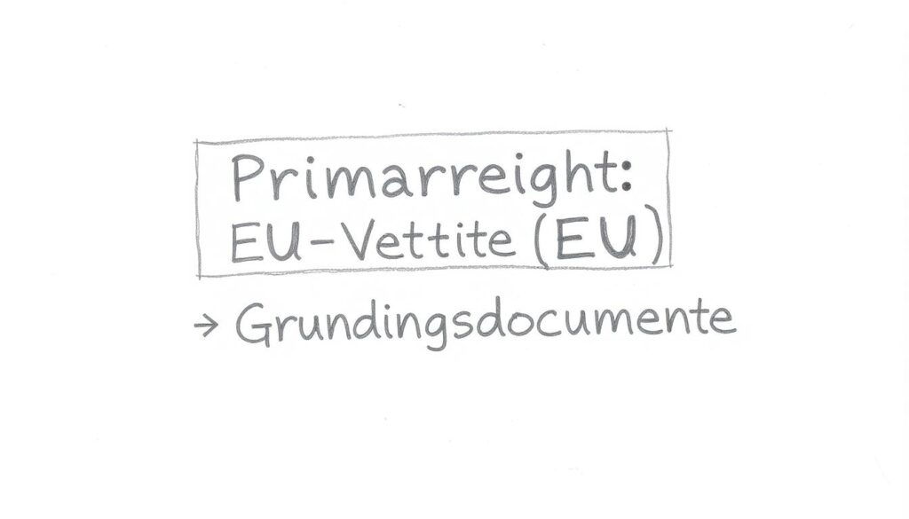 Bleistiftskizze einer Textbox mit 'Primärrecht: EU-Verträge (EUV, AEUV)' und Pfeilen zu 'Gründungsdokumente'