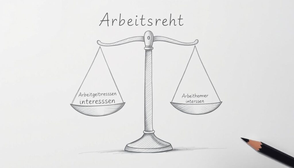 Bleistiftskizze einer Waage als Symbol für das Gleichgewicht zwischen Arbeitgeber- und Arbeitnehmerinteressen im Arbeitsrecht Bleistiftskizze einer Waage als Symbol für das Gleichgewicht zwischen Arbeitgeber- und Arbeitnehmerinteressen im Arbeitsrecht