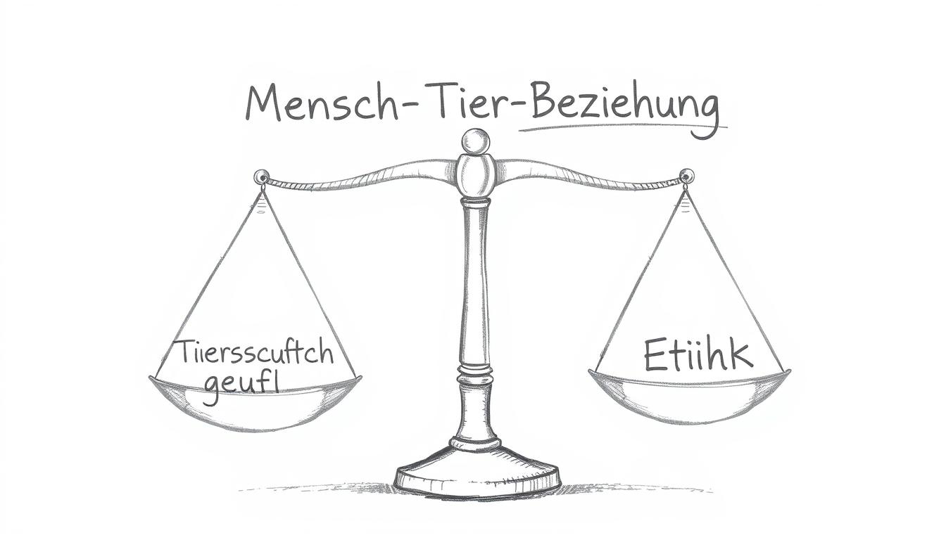 Bleistiftskizze einer Waage mit Beschriftungen zu Tierrecht