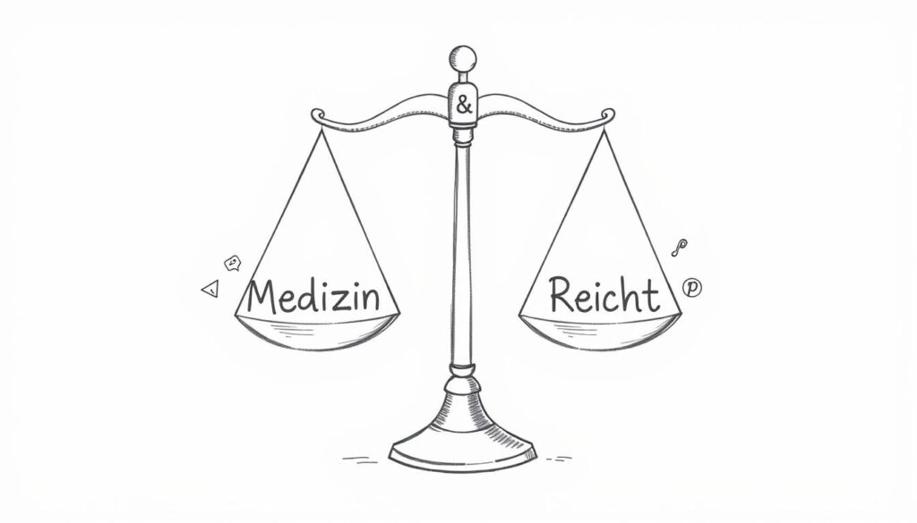 Bleistiftskizze einer Waage mit den Begriffen 'Medizin' und 'Recht' in den Waagschalen, die im Gleichgewicht sind Bleistiftskizze einer Waage mit den Begriffen 'Medizin' und 'Recht' in den Waagschalen, die im Gleichgewicht sind