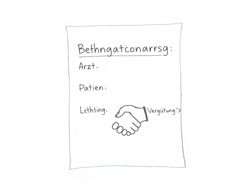 Bleistiftskizze eines Behandlungsvertrags mit den Elementen 'Arzt', 'Patient', 'Leistung' und 'Vergütung' Bleistiftskizze eines Behandlungsvertrags mit den Elementen 'Arzt', 'Patient', 'Leistung' und 'Vergütung'