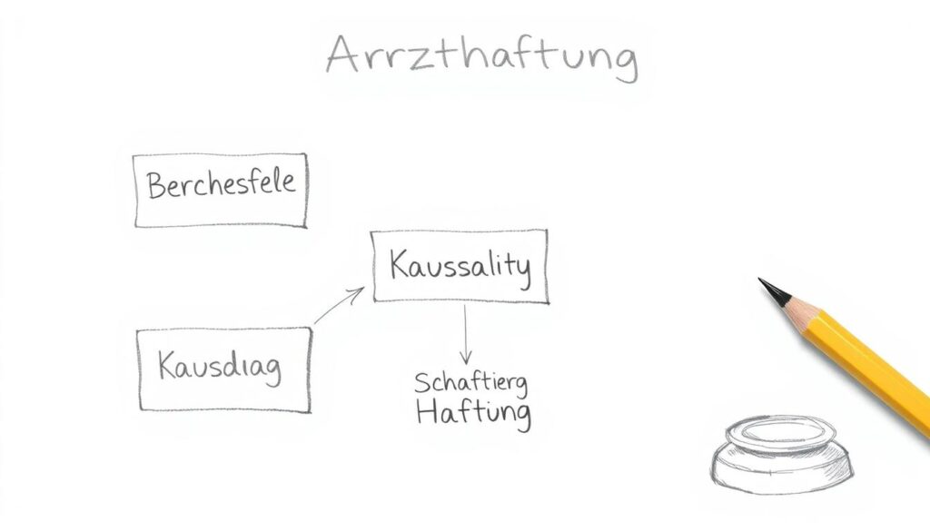 Bleistiftskizze eines Flussdiagramms zur Arzthaftung mit den Elementen 'Behandlungsfehler', 'Kausalität', 'Schaden' und 'Haftung' Bleistiftskizze eines Flussdiagramms zur Arzthaftung mit den Elementen 'Behandlungsfehler', 'Kausalität', 'Schaden' und 'Haftung'