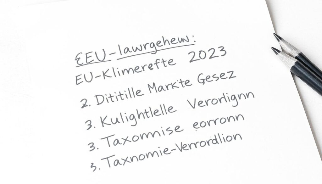 Bleistiftskizze eines Schreibblocks mit Stichworten wie 'EU-Klimagesetz 2023'