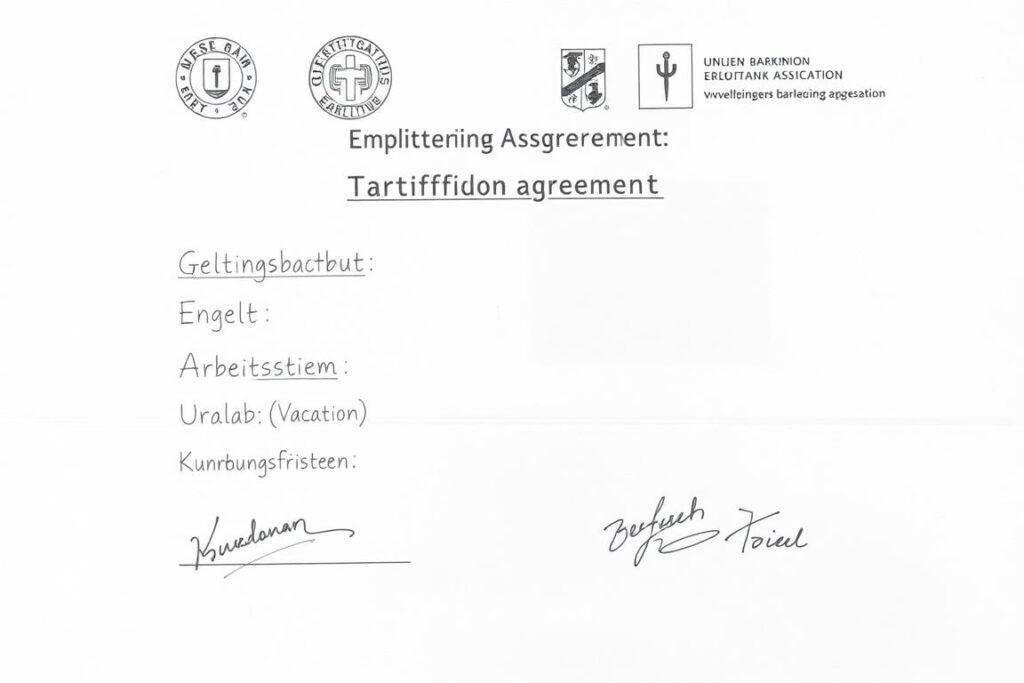 Bleistiftskizze eines Tarifvertrags mit Unterschriften von Gewerkschaft und Arbeitgeberverband Bleistiftskizze eines Tarifvertrags mit Unterschriften von Gewerkschaft und Arbeitgeberverband