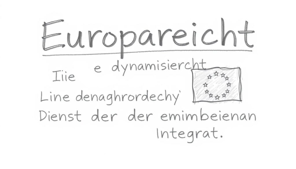 Bleistiftskizze mit Text 'Europarecht: Eine dynamische Rechtsordnung im Dienste der europäischen Integration'
