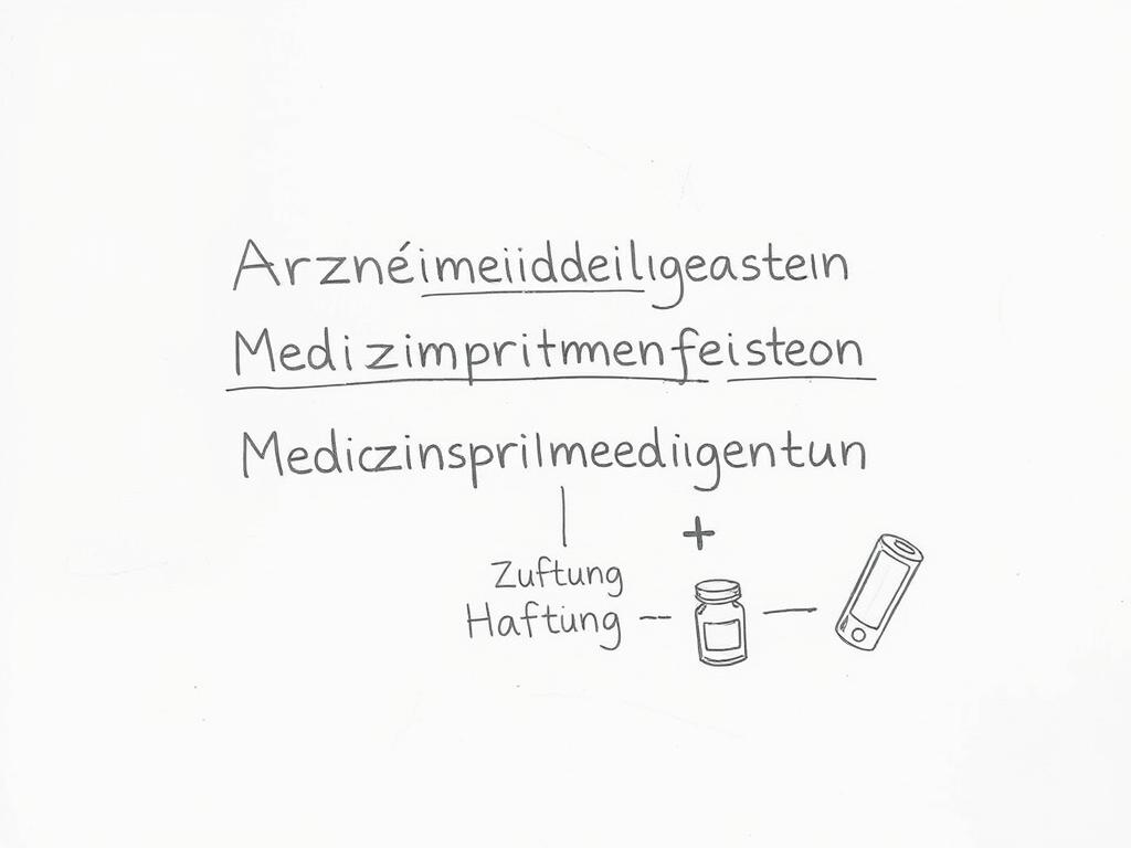 Bleistiftskizze mit den Begriffen 'Arzneimittelgesetz', 'Medizinproduktegesetz', 'Zulassung' und 'Haftung' in einem strukturierten Diagramm Bleistiftskizze mit den Begriffen 'Arzneimittelgesetz', 'Medizinproduktegesetz', 'Zulassung' und 'Haftung' in einem strukturierten Diagramm