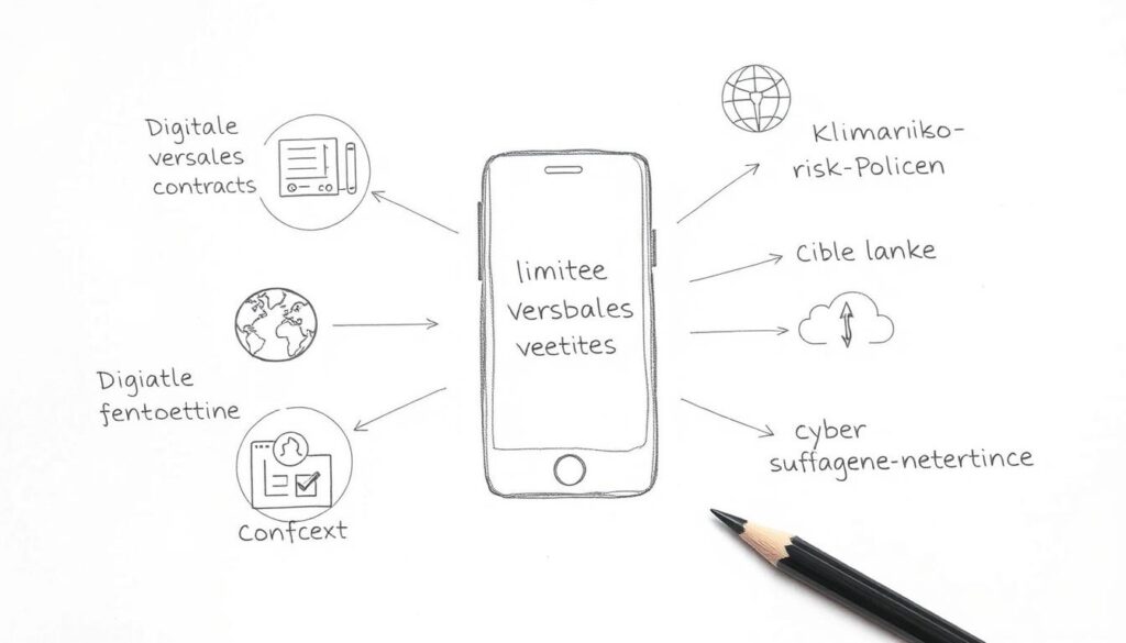 Bleistiftskizze moderner Entwicklungen im Versicherungsrecht mit digitalen Elementen Bleistiftskizze moderner Entwicklungen im Versicherungsrecht mit digitalen Elementen