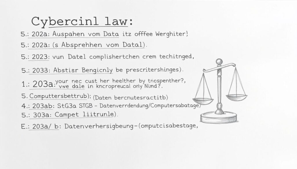 Bleistiftskizze zu Cyberkriminalität mit Darstellung von Straftatbeständen und Paragraphen Bleistiftskizze zu Cyberkriminalität mit Darstellung von Straftatbeständen und Paragraphen