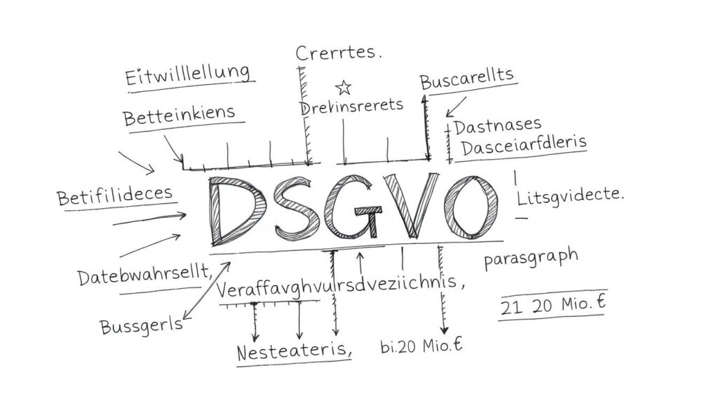 Bleistiftskizze zu Datenschutzrecht mit DSGVO-Elementen und Bußgeldhinweisen Bleistiftskizze zu Datenschutzrecht mit DSGVO-Elementen und Bußgeldhinweisen
