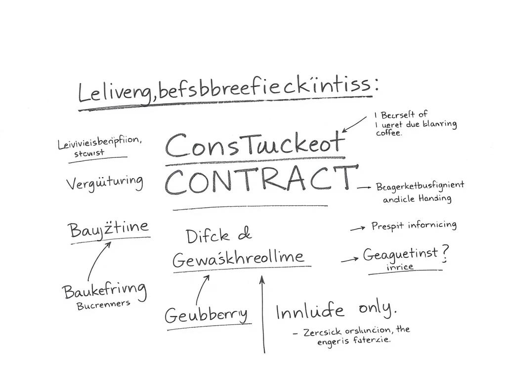 Bleistiftskizze zu den wichtigsten Elementen eines Bauvertrags