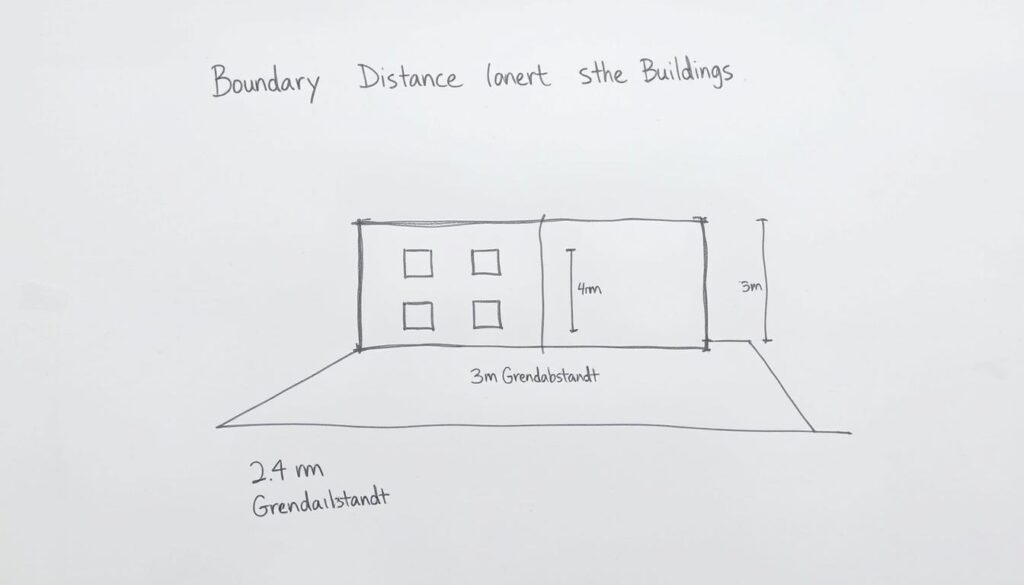 Bleistiftskizze zur Berechnung von Grenzabständen und Abstandsflächen