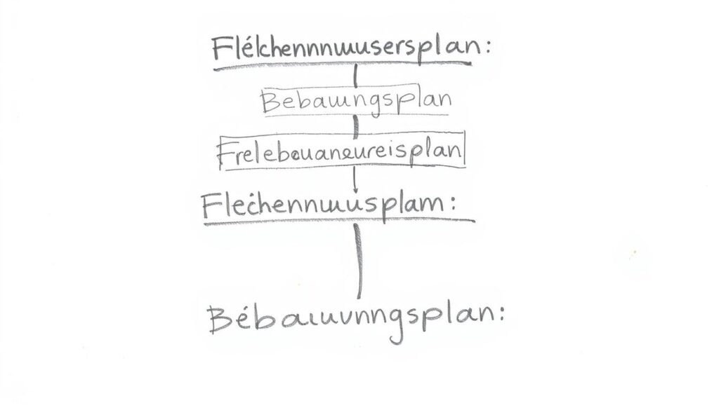 Bleistiftskizze zur Hierarchie der Bauleitplanung mit Flächennutzungsplan und Bebauungsplan