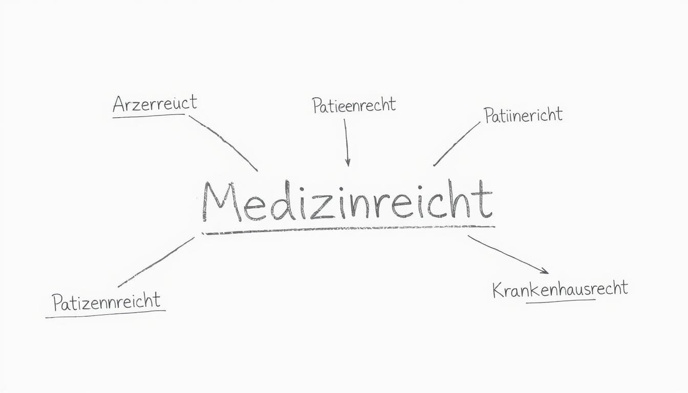Detaillierte Bleistiftskizze mit dem Begriff 'Medizinrecht' im Zentrum, umgeben von verbundenen Rechtsbereichen wie Arztrecht, Patientenrecht und Arzneimittelrecht