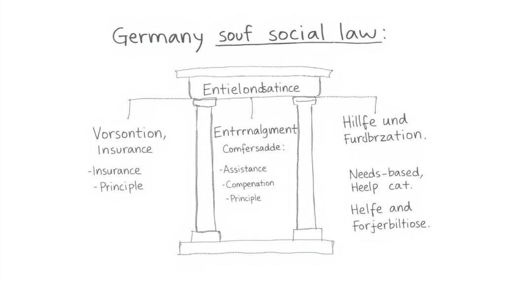 Die drei Säulen des Sozialrechts: Vorsorge, Entschädigung, Hilfe und Förderung mit ihren jeweiligen Charakteristika