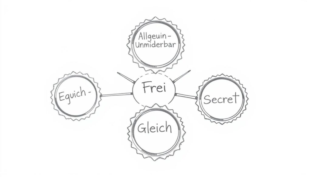 Die fünf Wahlrechtsgrundsätze als Bleistiftskizze Die fünf Wahlrechtsgrundsätze als Bleistiftskizze