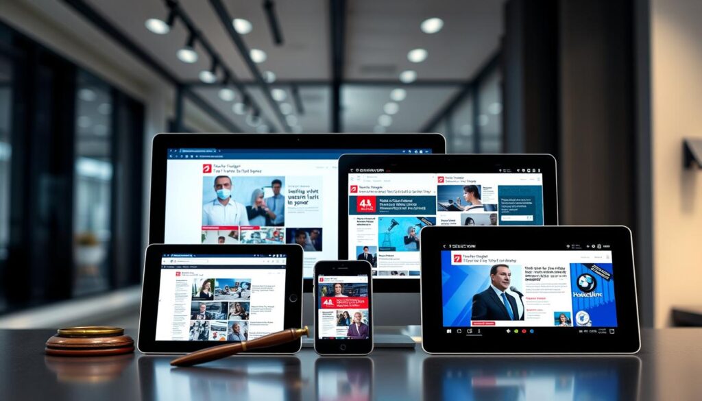 Digitale Geräte zeigen verschiedene Online-Nachrichtenquellen, symbolisieren das Presserecht im digitalen Zeitalter Digitale Geräte zeigen verschiedene Online-Nachrichtenquellen, symbolisieren das Presserecht im digitalen Zeitalter